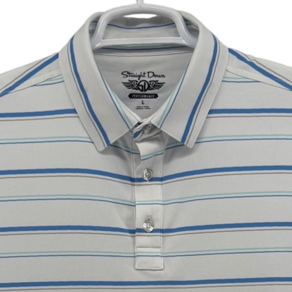 Straight Down Performance Golf Polo Mens Large Gray Blue Striped Stretch Shirt